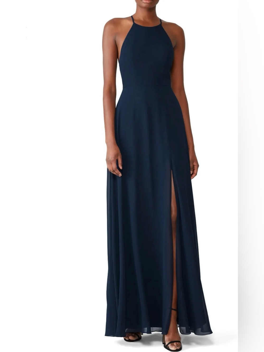 Jenny Yoo Navy Kayla spaghetti strap Evening Gown with Side Slit 90’s